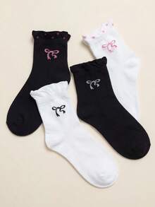 4双装女士蝴蝶结波点荷叶边中筒袜，柔软亲肤，时尚百搭休闲袜，适合约会、休闲和日常穿着。 - 黑與白 - 查看 5
