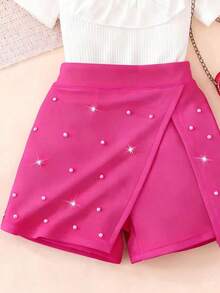 Bộ đồ hè ngọt ngào kiểu Âu & Mỹ cho bé gái, áo tay bồng màu trắng có gân + quần váy đính đá màu hồng cánh sen, thiết kế nơ xinh xắn, trang phục công chúa đa năng cho trẻ em, phù hợp mặc hàng ngày, dự tiệc sinh nhật, mềm mại và thoáng khí, dành cho bé 4-7 tuổi. - Màu Hồng Tươi - Xem 5