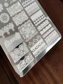 1pc Lace Flower Butterfly Nail Art Stamping Plate French Lace Wave Line Floral Designs Nail Transfer Printing Stencil Manicure Tools - Silver - View 5