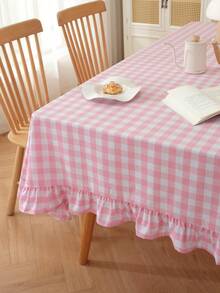 1pc Minimalist Style Pleated Ruffle Edge Cotton Tablecloth, Suitable For Wedding, Outdoor Dining, Camping, Birthday Party, Valentine's Day, Kindergarten Background, Daily Home Decor - Pink - View 4
