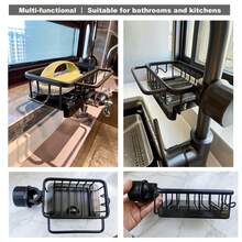 TOMAKE Étagère de rangement pour évier de kitchen et de salle de bain, model 2026, en acier inoxidable amovible with support de robinet suspendu, bac à gouttes, support pour éponge de robinet, convient pour salle de bain, laveuse, savon (noir, côté gauche) - Visualizzare 7