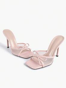 Women's Bowknot Mesh Square Toe High Heel Mules, Black Transparent Slip-On High Heel Sandals, Elegant Party Dress Shoes,Summer Shoes - Pink - View 7