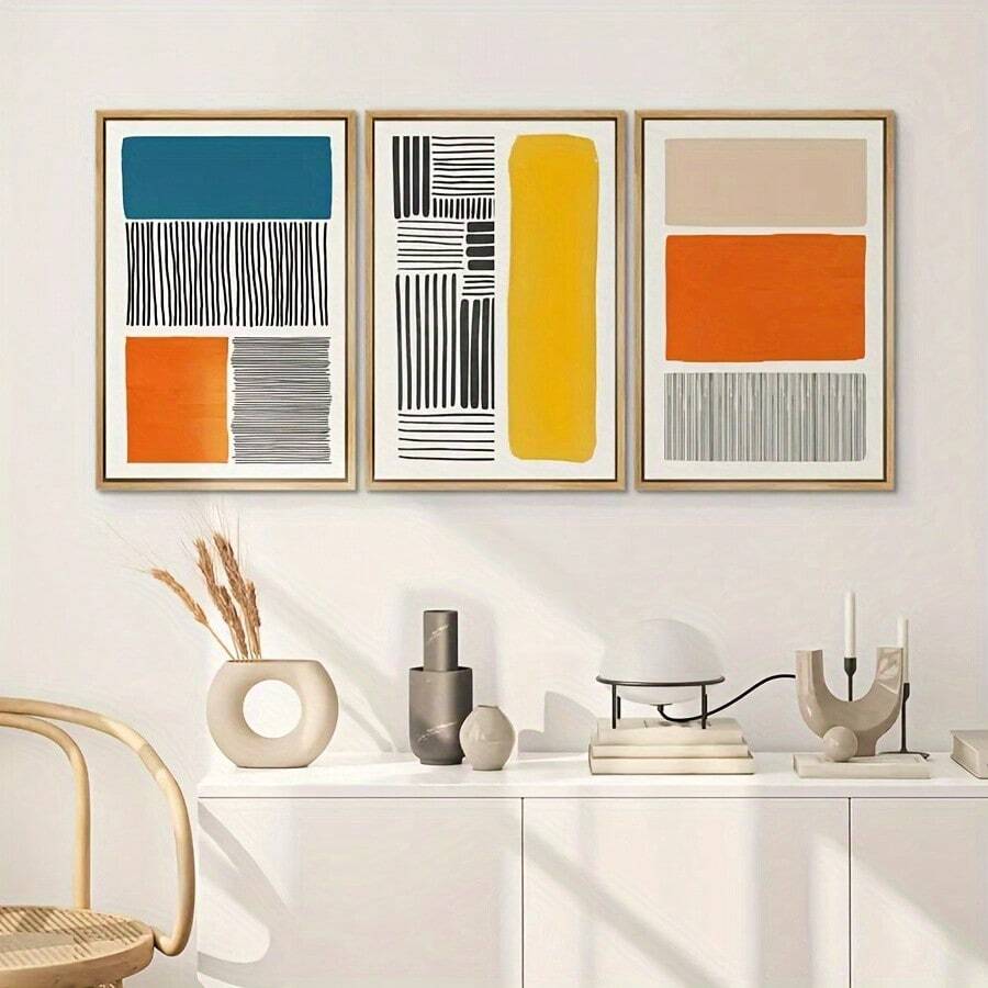Conjunto de 3 pósters de arte abstracto moderno, decoración de pared de bloques de color a prueba de agua de mediados de siglo, impresiones verticales informales para sala de estar, balcón - Sin marco, fáciles de instalar - Sin marco - Ver 1