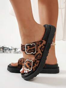Leopard Print Double-Buckle Sandals For Women, Thick Sole Slip-On Slippers, Fashion Versatile Summer Outdoor Slides - Leopard Brown - View 2