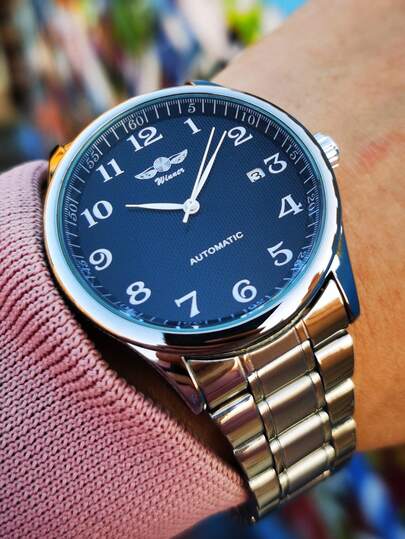 T-WINNER 1pc Fashion Business Men's Automatic Mechanical Watch, Stainless Steel Strap, Minimalist Style, Men's Watch Gift