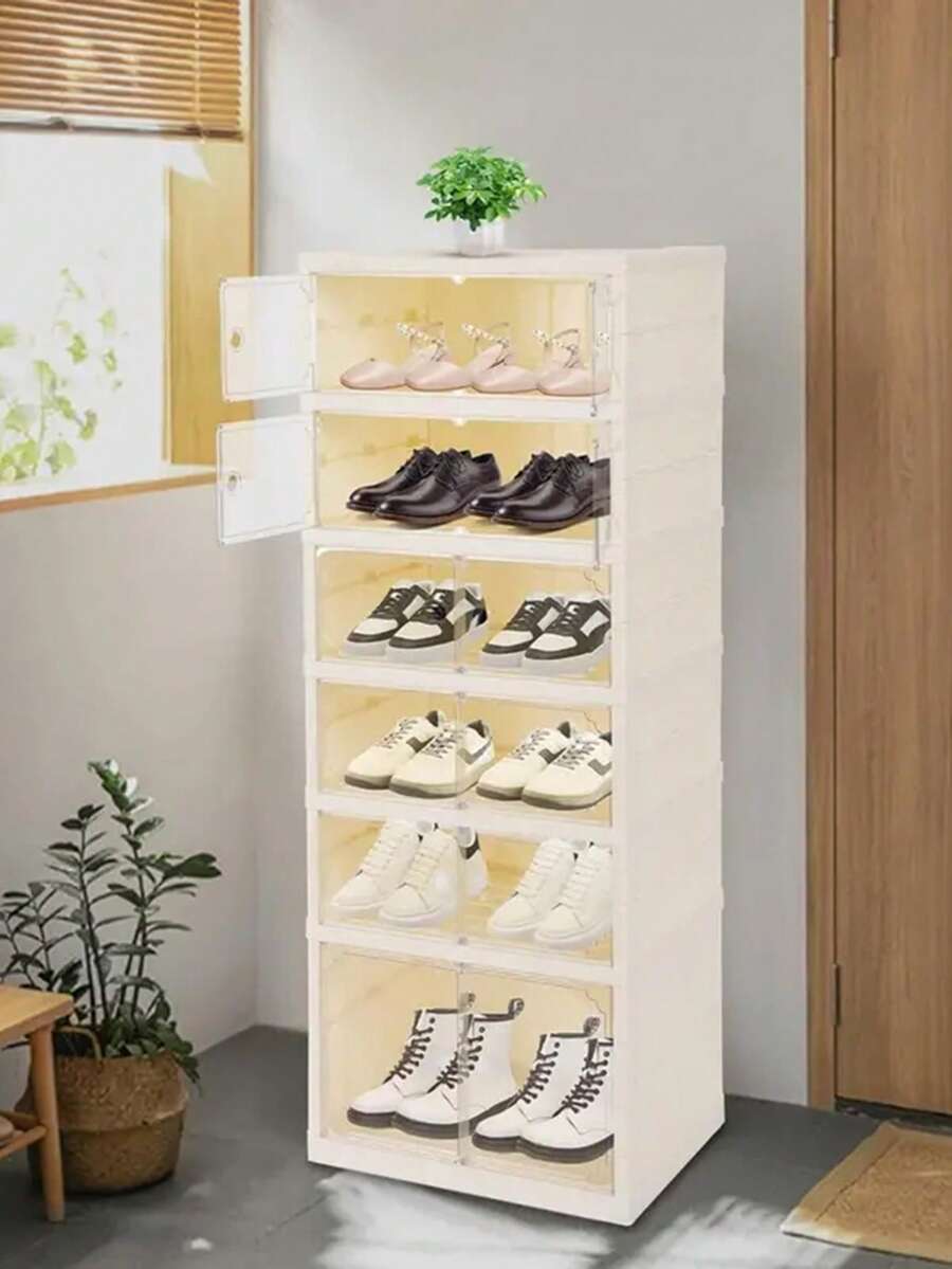 3/6/9-LayerShoe box Foldable storage box Easy to assemble Transparent plastic Stackable shoe storage cabinet with lid Large shoe rack - Blanco - Ver 1