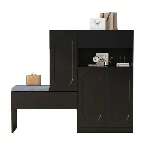 Modern 2-In-1 Shoe Cabinet With Curved Doors: Soft-Close Hinged Door, Height-Adjustable Compartments And Upholstered Bench, White, 130 * 35 * 110 Cm. - 黑色 - 查看 1
