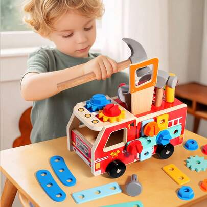 Wooden Take Apart Fire Truck Toy, STEM Building Tool Set With Hammer Wrench Gears, Montessori Fine Motor Skill Educational Toy For Toddlers, Ideal Gift For Boys