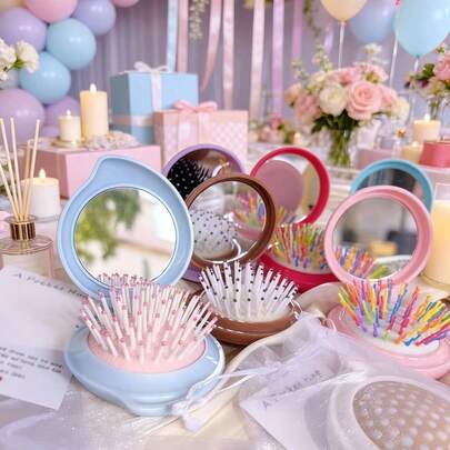 1/4/12pcs Folding Air Cushion Comb Mirror Gift Set With Hug Card And Drawstring Mesh Bag, Essential Small Gift For Bridal Shower, Bachelorette Party, Graduation Party, SPA Party, Beach Pool Party, Bridesmaid Favor, Birthday Party, Holiday Party, Y2K Style Round Lemon Shape Macaron Color Portable Air Cushion Comb With Mirror,Summer,Hair Accessories,Travel, Head Accessories, Headpiece