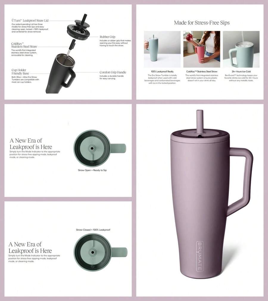 Era 40 Oz Tumbler With Handle And Straw | 100% Leakproof Insulated Water Bottle Tumbler With Lid And Flexible SoftSip Straw | Made Of Stainless Steel | Cup Holder Friendly | 40oz - Lilac Dusk - 查看 1