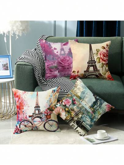 Bộ 4 vỏ gối in hình tháp Eiffel và hoa, kích thước 45x45cm, mềm mại và thoải mái, trang trí nhà theo phong cách Bắc Âu, thích hợp cho phòng ngủ và phòng khách, họa tiết tối giản thời trang, thân thiện với da, thoáng khí và không phai màu, phụ kiện trang trí nội thất mềm mại, phù hợp cho ghế sofa, giường, cửa sổ, xe hơi, v.v. (Không bao gồm ruột gối)