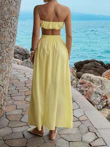 Women's Sexy Strapless 2 Pieces Set In Yellow, Suitable For Party, Beach And Daily Wear, Summer - Yellow - View 2