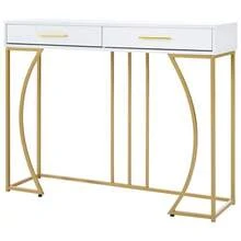 Console Table, Hall Table With 2 Drawers, Lightweight Luxury Style Side Table, Sofa Table, 110x32x85 Cm, White/Gold - White - View 1