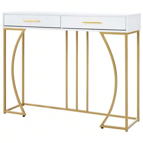 Console Table, Hall Table With 2 Drawers, Lightweight Luxury Style Side Table, Sofa Table, 110x32x85 Cm, White/Gold