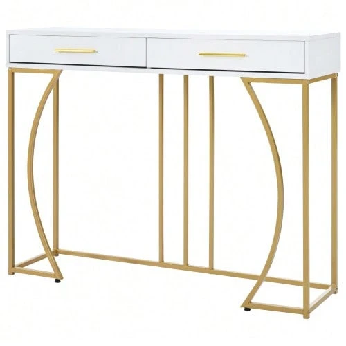 Console Table, Hall Table With 2 Drawers, Lightweight Luxury Style Side Table, Sofa Table, 110x32x85 Cm, White/Gold - White - View 1