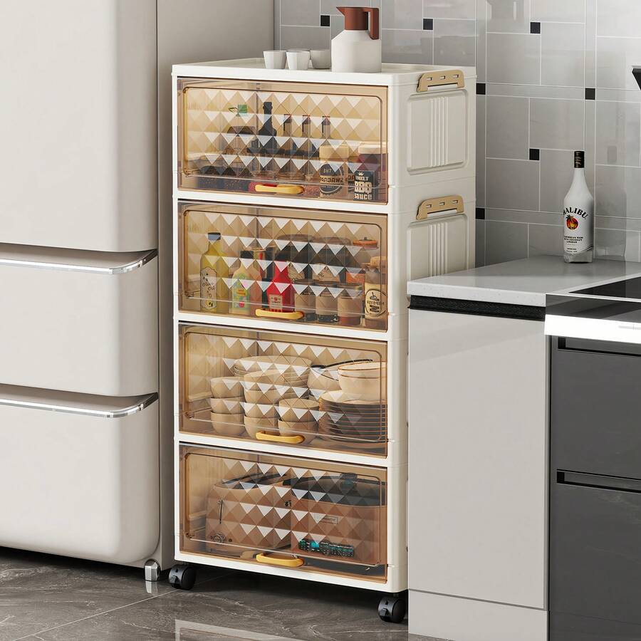 Heavy Duty 3/4/5 Tier Plastic Folding Storage Cabinet, Large Capacity Floor Standing Organizer With Smooth Casters, Suitable For Home, Office, Kitchen, Bathroom, Space Saving & Easy Assembly