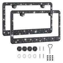 2 paquetes de soportes de matrícula de acero inoxidable premium con diamante de imitación para mujeres, funda de matrícula con cristales de diamante brillantes y brillantes hecha a mano, tapa brillante - Acrílico de acero inoxidable con orificio cuadrado - Ver 2