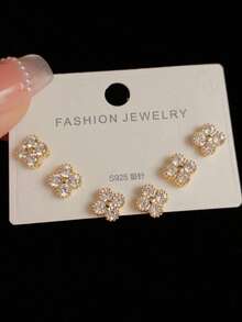 Bộ 3 bông tai hình hoa bốn lá đính kim cương sang trọng, tinh tế, quà tặng ngày Valentine. - Hoa tai cỏ bốn lá zirconium trắng - Xem 3