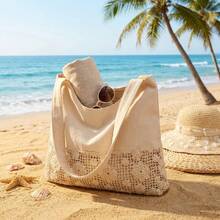 Women's Large Capacity Beach Tote Bag Lace Trim Canvas Underarm Shoulder Bag Floral Decor Vacation Casual Daily Shopping Handbag - B - 查看 3