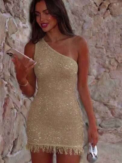Women's Sexy One-Shoulder Knit Bodycon Mini Dress, Fitted Silhouette Accentuates Curves, Fringe Hem Design Adds Relaxed Vibe, Showcases Effortlessly Chic Vibe, Elegant Office/Commute Skirt, Suitable For Summer Wear, Beach Vacation, Music Festival, Daily Date, Party, Casual Outing, Going Out