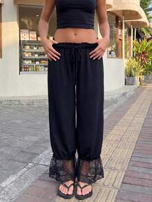 Women Linen Lace Trim Long Bloomers Pants Ruffle Victorian Vintage Pantaloons Summer Beach Travel Vacation Pants - 黑色 - 查看 4