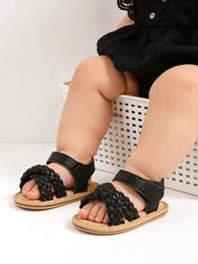 Infant/Toddler Girls' PU Leather Soft Bottom Open Toe Floral Princess Flat Sandals, Summer - Black - View 7