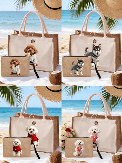 Bolso de mano de lino con estampado de osito de peluche poodle y bolsa de cosméticos a juego, diseño lindo, gran capacidad, portátil, se puede usar como bolsa de compras, almacenamiento de brochas de maquillaje, bolsa de almacenamiento multifuncional, adecuada para familia, amigas, viajes al aire libre, trabajo, viajes, vacaciones, Día de la Madre, amantes de las mascotas