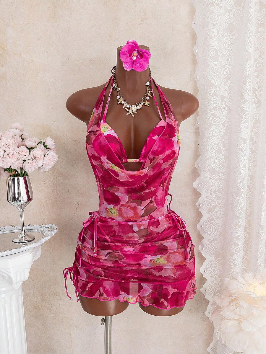 Spring Summer 3-Piece Women's Swimsuit, Floral Print Mesh Cover-Up, Sexy Elegant Women's Bikini, High Elastic Fabric, Halter Neck Tie Design, Vacation Swimwear, Suitable For Pool, Party, Date, Vacation Season, Beach, Women's Beachwear - Hot Pink - View 1