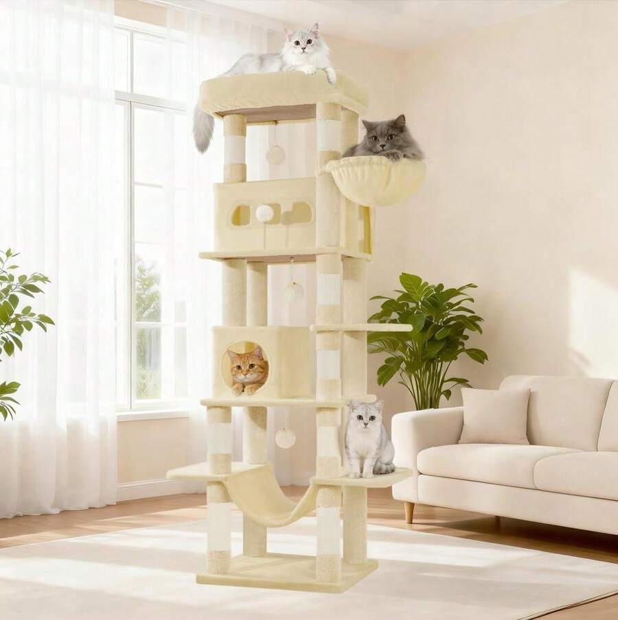 HaluPeit Kratzbaum groß, 170 cm hoch, Katzenbaum, mit 8 Kratzbäume, 2 Höhlen, groß Plattformen, Waschbare Matte, Hängematte, Plüschbälle, mehrstöckiger katzenkratzbaum, Beige - Beige - Übersicht 1