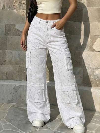 Women's Fashionable Light Grey Rhinestone Decorated Wide-Leg Jeans, High-Waisted Multi-Pocket Denim Pants, Shiny Street Party Outfit