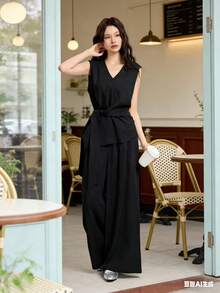 Women's Linen Set With A V-Neck, Adjustable Waist, Comfortable And Casual-Chic Style. - màu đen - Xem 4
