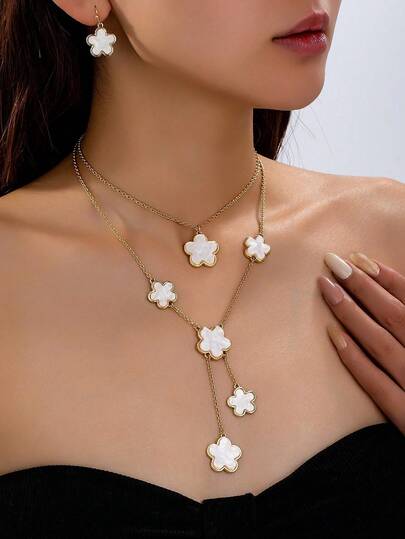 Bộ 1 mặt dây chuyền và bông tai hình hoa bốn lá may mắn bằng acrylic, bộ trang sức bốn lá dành cho nữ, dây chuyền bốn lá nhiều lớp, dây chuyền bốn lá màu đỏ tía và đen.