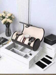 New Handmade Luxury PU Leather Round Travel Watch Box, Dustproof Watch Storage Display Gift Box, PU Leather Jewelry Box Back To School - Black 19 * 9cm - View 2