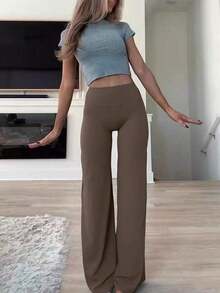 Pantalones acampanados ajustados de unicolor elegantes y modernos para el trabajo y el deporte para mujer, primavera - Camel - Ver 9