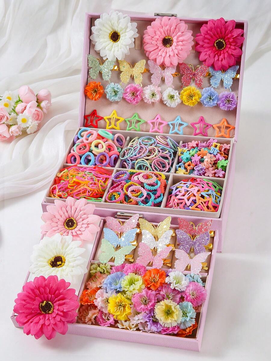 473pcs Girls Spring & Summer Vacation Fake Flower Hair Clips, Butterfly Hair Ties, Scrunchies, Bangs Clips, Versatile Daily Use & Gift - Multicolor - View 1