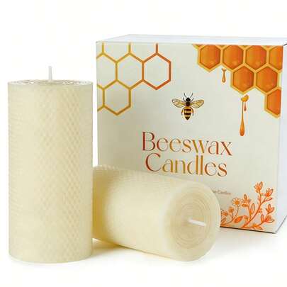 2x4 Inch Natural Beeswax Pillar Candles, White Honeycomb Pillar Candles, Handmade Rolled, 20 Hour Long Burn Time, Unscented, Suitable For Home Decor, Holiday Decor, Mother's Day Gift