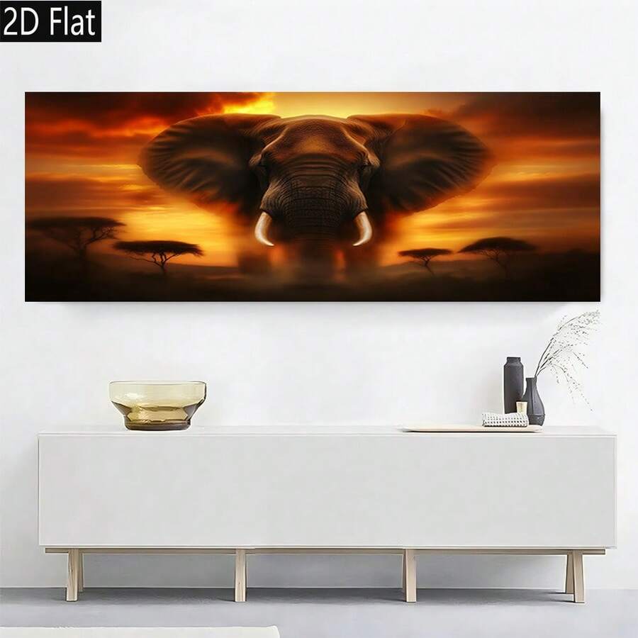 2D Plano, 2D Plano, 2D Plano Una Pieza de Arte Moderno Retro en Lienzo con un Atardecer Africano y un Elefante, Diseñado para una Decoración Elegante del Hogar y la Oficina. Este Póster Impreso de Alta Calidad es Grande y Perfecto para Mejorar la Decoración de Tu Pared - Sin marco - Ver 1