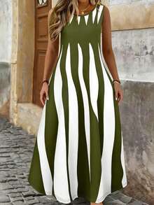 Vestido longo solto sem mangas com estampado geométrico elegante e moderno, com bolsos, ideal para uso diário no verão, férias e ocasiões de praia - Verde de Exercício - Ver 5