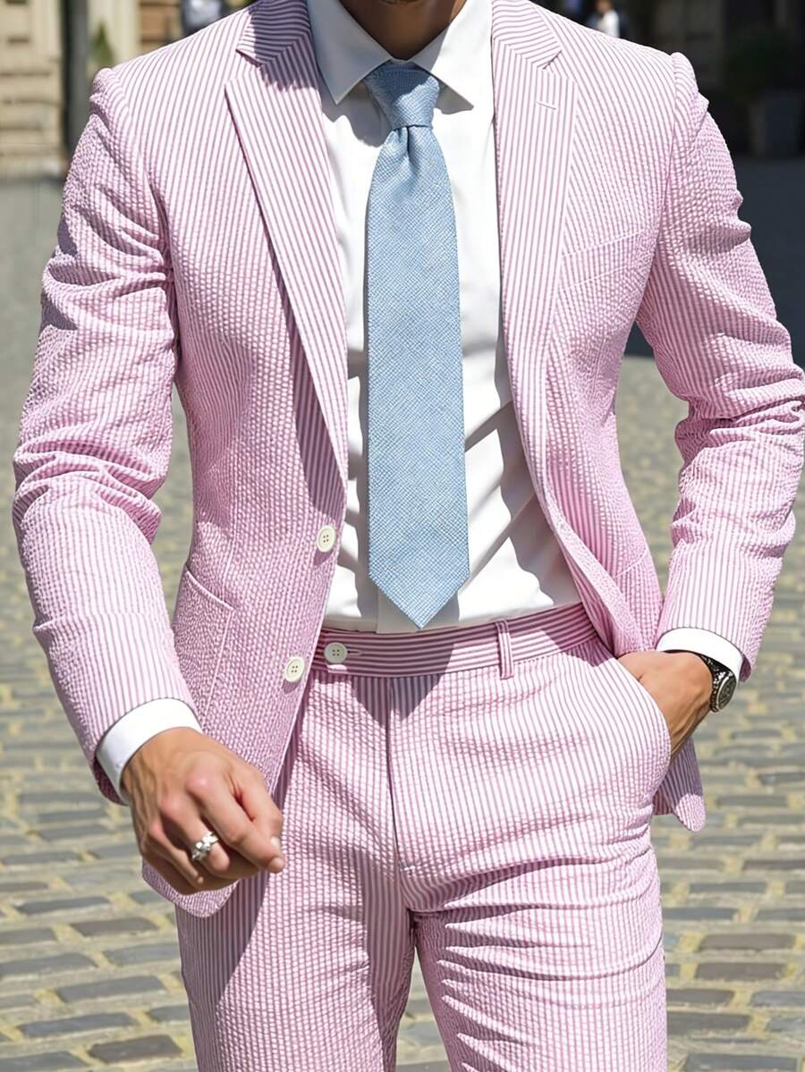 Men's Two-Piece Suit, Seersucker Fabric, Elegant Suit Jacket, Matching Trousers, Casual Business Wedding Suit, Men's Formal Suit, Wedding, Business Caformal Event Attire, Elegant Men's Wear, Exquisite Appearance, High-Quality Seersucker Material - 粉色 - 查看 1