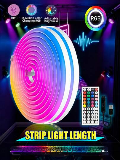 USB Powered Neon Lights, Button Controlled Light Mode, RGB Light Strip, Can DIY, Light Can Change According To The Rhythm, Suitable For Parties, Games, Or Relaxation, Easily Fits For PC/Desk/Bedroom, Cuttable PVC Rope Light With Remote, Color Changing Glow For Gaming Setup, Party, Wall Decoration