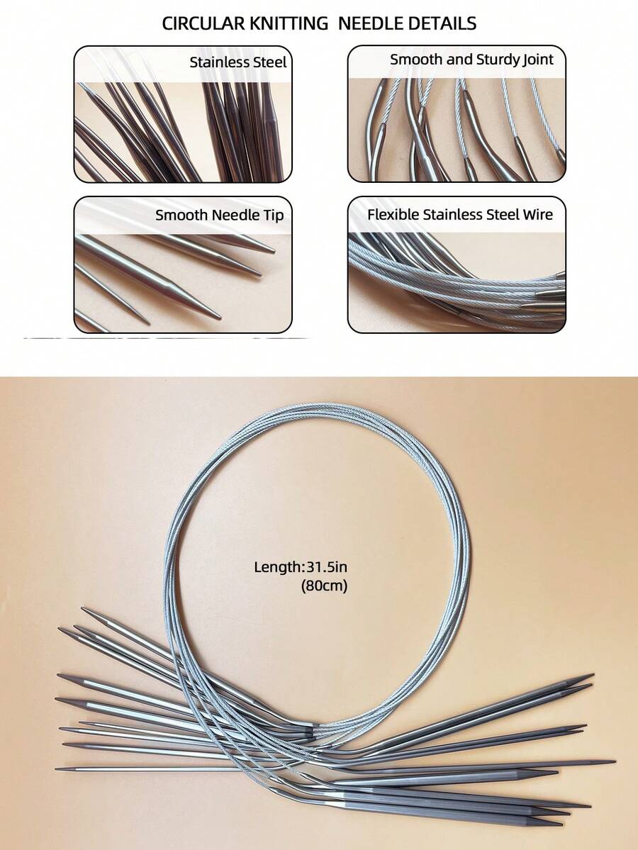 [3 Pcs / 9 Pcs] 2.0mm-6.0mm Multi-Size Stainless Steel Circular Knitting Needles Set, 80cm/31.5 Inch Fixed Circular Knitting Needles With Smooth Tips And Anti-Twist Steel Cable, Rust-Resistant Metal Knitting Needles Suitable For DIY Sweater, Scarf, Blanket, Hat, Socks Handcraft Knitting And Crocheting Projects - Stainless Steel Circular Knitting Needles - View 1
