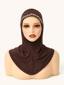 1pc Women's Fashion Solid Color Elastic Chin Cover Neck Warmer Scarf,Beach,Holiday - Rhombus Hot-fix Rhinestones - Coffee - View 3