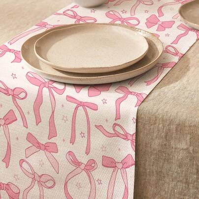 1pc Pink Bow & Star Print Linen Table Runner/Placemat, Suitable For Holidays, Parties, Birthdays, Dinners, Kitchen & Dining Room Decor, Shoe Cabinet Cover, All Season Home Textile Decor