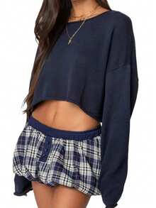 Edikted Women's Crew Neck Knit Sweater Long Sleeve Textured Ribbed Casual Loose Oversized Knit Top Cropped Pullover Tops - Navy Blue - View 3