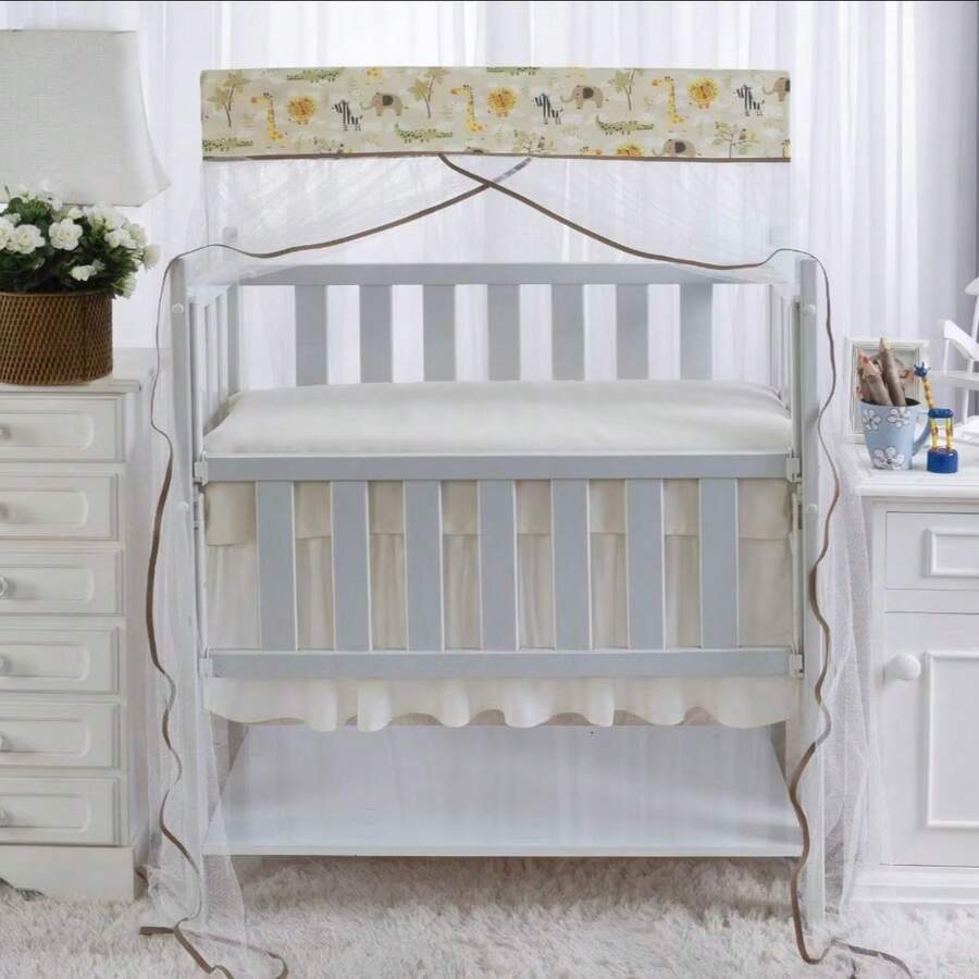 Mosquito Net For **** MINI CRIB **** Boy Choose Your Color Safari Green/Beige/Blue - Valance + Tulle - Beige - View 1
