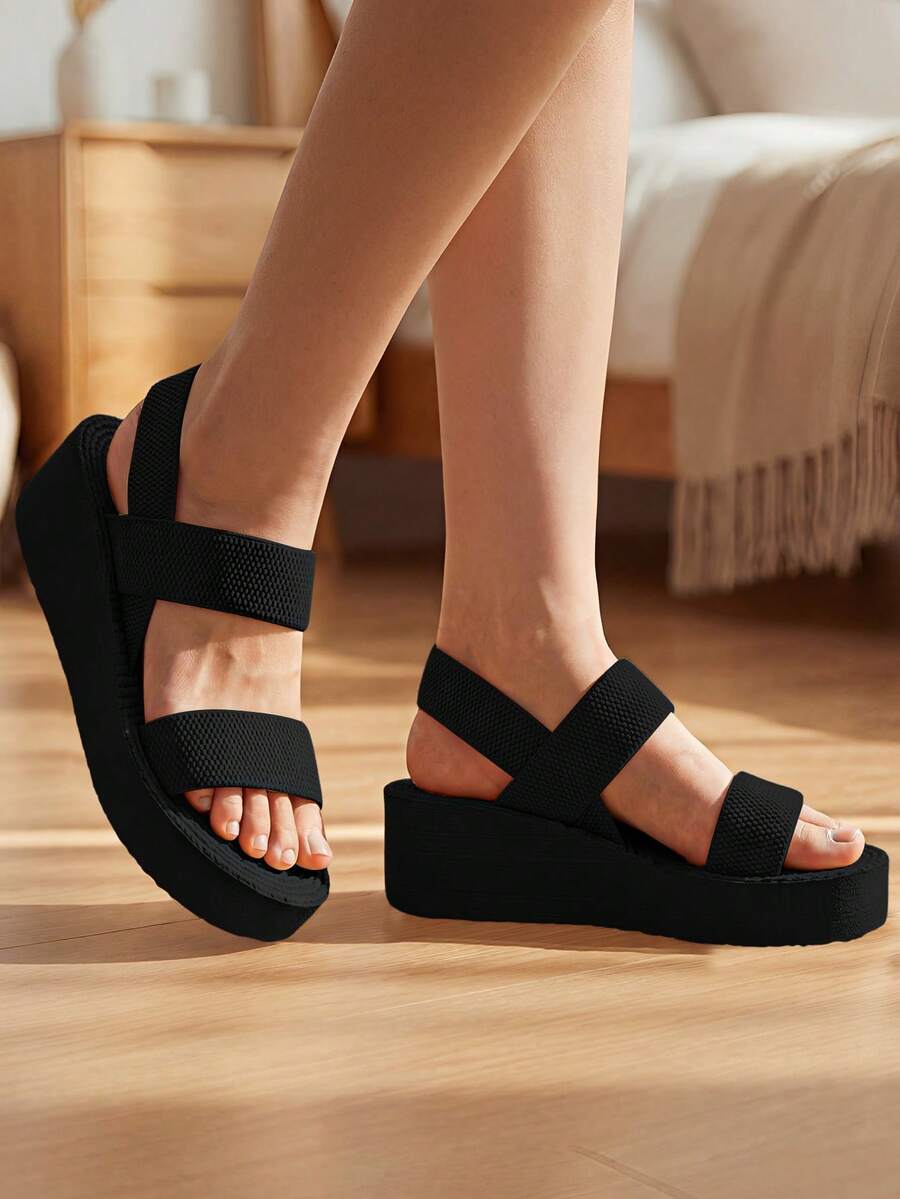 GlamourGrip Women's Beige Linen Mid-Heeled Sandals, Elegant And Light For Outdoor, Beach And Daily Wear, Simple Summer/Fall Slippers For Women. - 黑色 - 查看 1