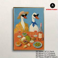 1件/套趣味鸭子帆布墙画，葡萄酒与晚餐插画帆布海报印刷品，复古油画风格，美观的厨房餐厅装饰，帆布画，无框 - 復古的 - 查看 14