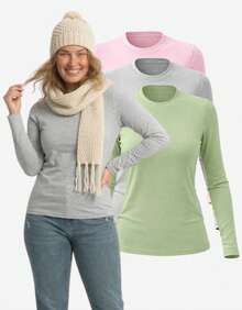 Kit 3 Women's Long Sleeve T-Shirt Blouse 100% Cotton Round Neck - Xám, Hồng và Xanh nhạt - Xem 1