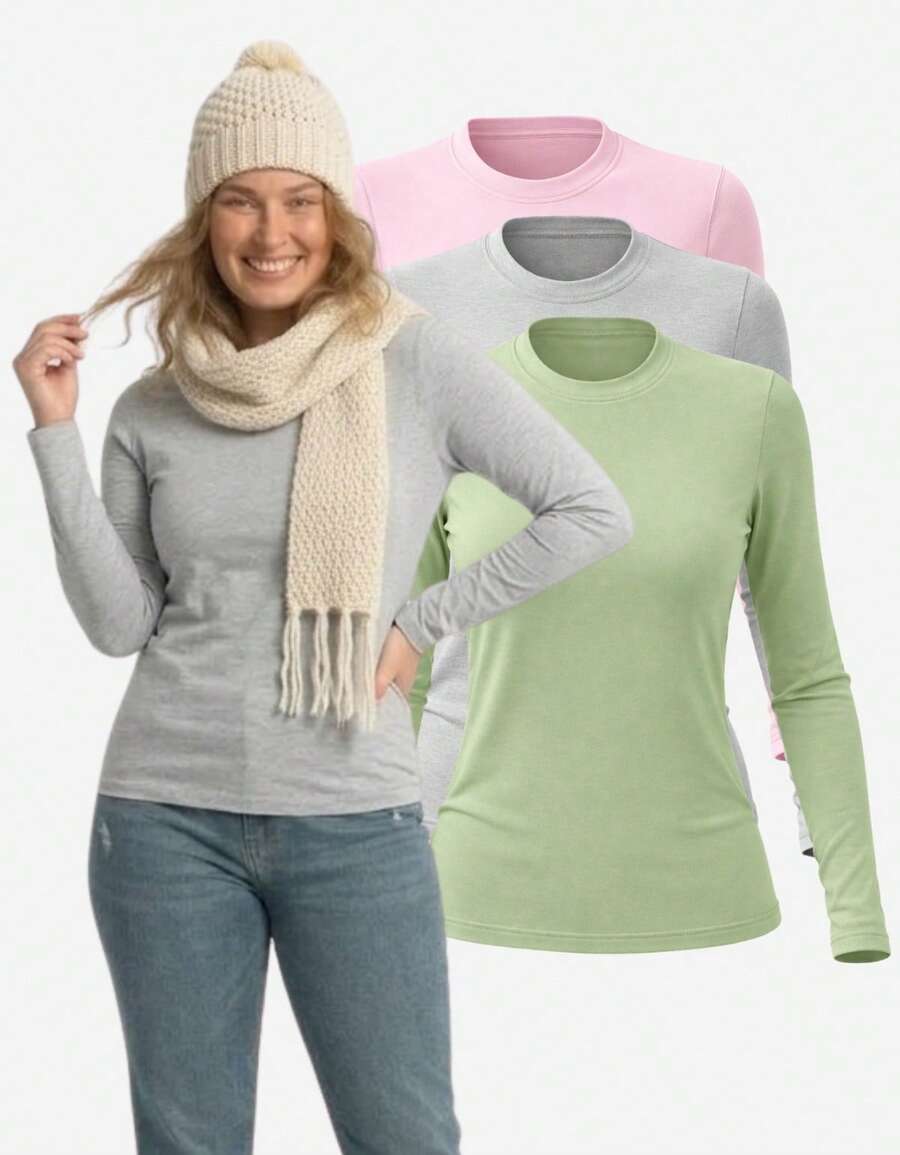 Kit 3 Women's Long Sleeve T-Shirt Blouse 100% Cotton Round Neck - Xám, Hồng và Xanh nhạt - Xem 1
