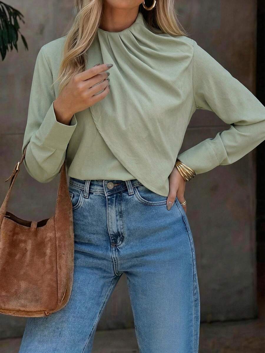 Look-Polly Women's Elegant Draped High Collar Blouse - Long Sleeve Asymmetric Front Wrap Formal Top, Suitable For Commuting And Office Wear - Light Green - View 1